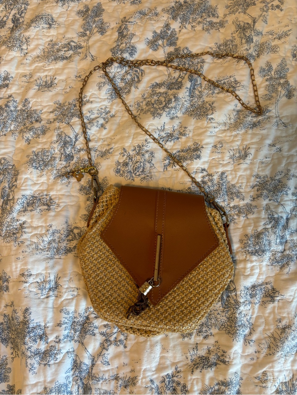 Woven Straw Crossbody Bag with Brown Leather Trim